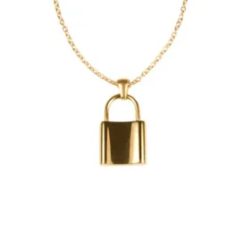 Collier Finesse & Lock grand. Pendentif doré et en acier inoxydable en forme de cadenas, de grande taille, avec sa chaîne fine maille forçat dorée et en acier inoxydable.