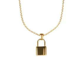 Collier Finesse & Lock petit. Pendentif doré et en acier inoxydable en forme de cadenas, de petite taille, avec sa chaîne fine maille forçat dorée et en acier inoxydable.