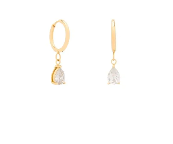 Boucles d'oreilles Pure & Chic blanc. Paire de boucles d'oreilles dorée et en acier inoxydable de taille moyenne composé d'un pendentif doré en forme de goutte, de petite taille, orné d’un zircon blanc.