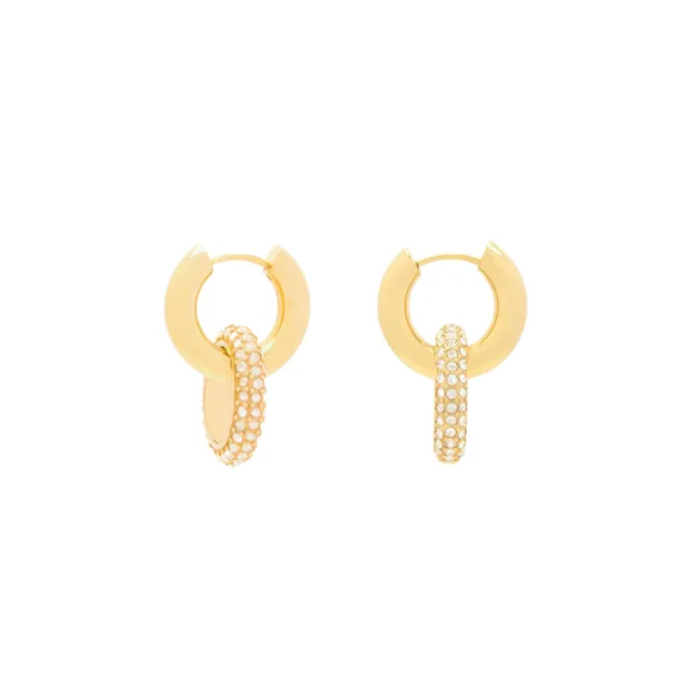 Boucles d'oreilles Riviera. Paire de boucles d'oreilles dorés et en acier inoxydable, composée de doubles anneaux, dont un orné de petits zircons blancs.