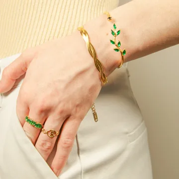 Photo portée du pop-up newsletter de différents articles (bracelet Laurel vert, bracelet Elegance, bague Royal verte et bague Initial).