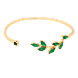 Bracelet Glory vert. Bracelet ajustable doré et en acier inoxydable, en forme de feuille de laurier et orné de zircons verts.