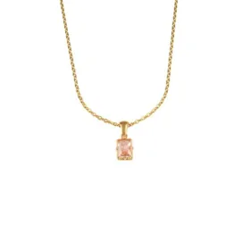 Collier Harmony & Divine rose. Pendentif doré et en acier inoxydable en forme de carré, de petite taille, orné d'un zircon rose avec sa chaîne maille forçat dorée et en acier inoxydable.
