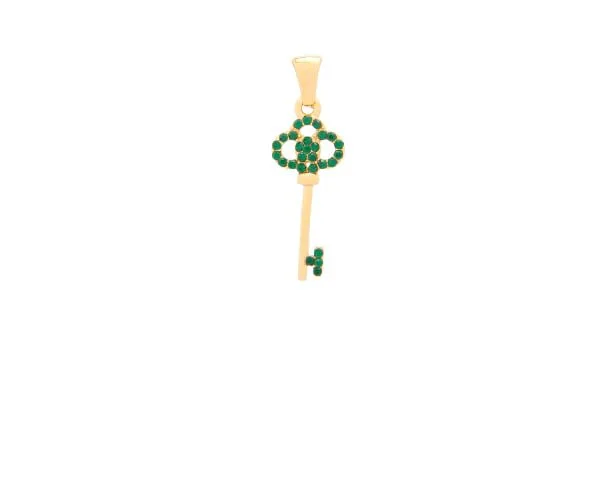 Pendentif en forme de clé doré, orné de petits zircons verts sur la tête de la clé et sur le panneton.