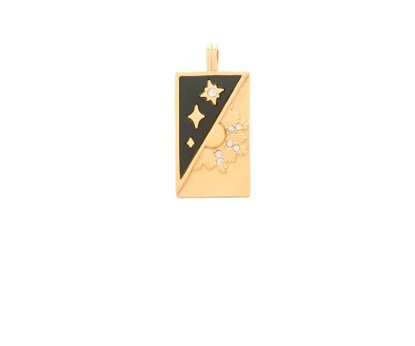 Pendentif doré et en acier inoxydable en forme de carte de tarot , composé d'une partie noire avec de petites étoiles dorées et un petit zircon blanc ; diagonalement, composé d'une partie dorée avec une fleur ornée de petits zircons blancs.